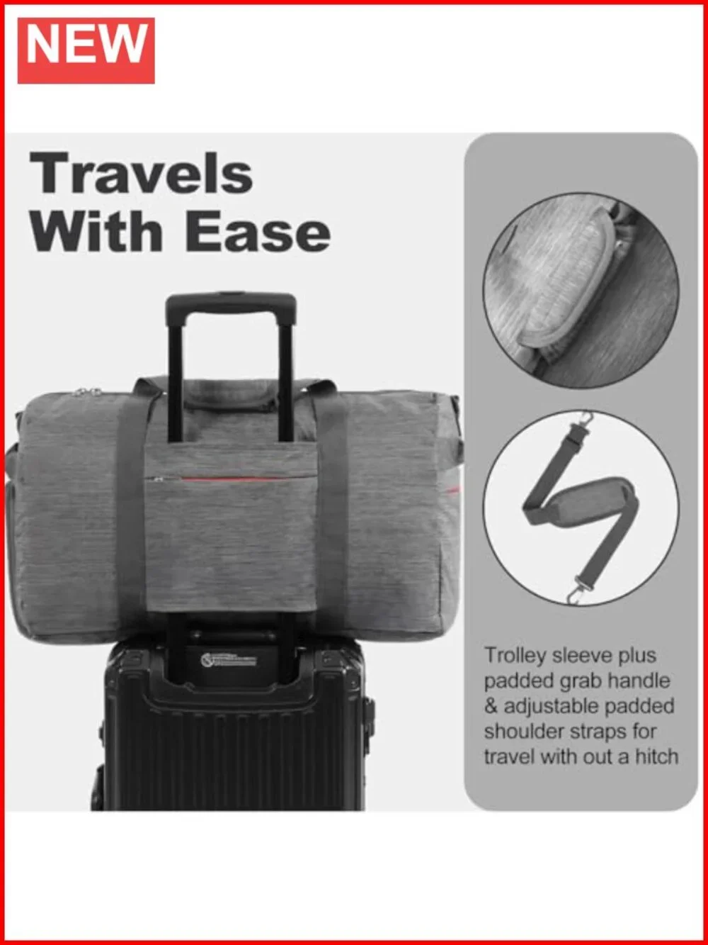 65L Foldable Duffle Bag with Shoe Compartment, Water-Resistant Travel Duffel